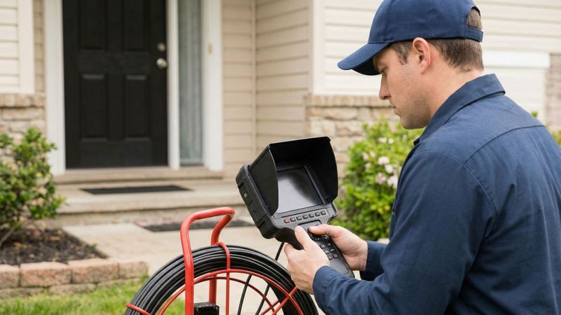 A professional technician uses specialized video equipment for a residential sewer inspection. A professional technician uses specialized video equipment for a residential sewer inspection.