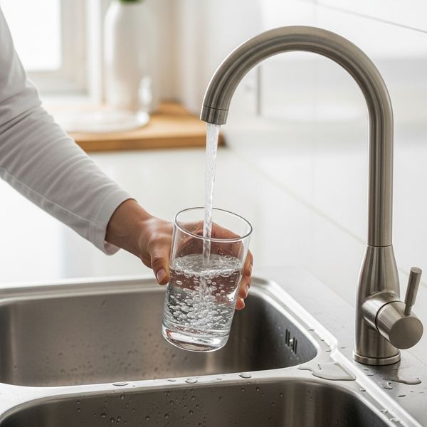 a person filling a glass with water at the sink