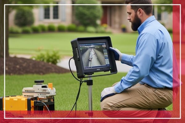 Technician watching drain camera footage