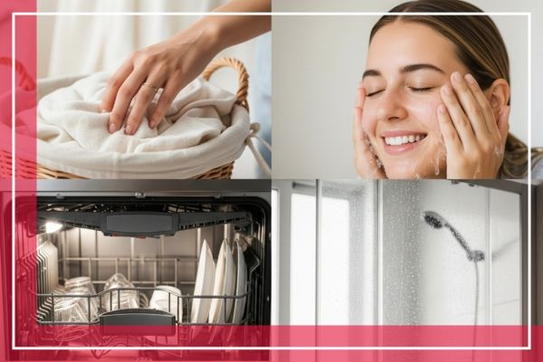 Collage of laundry, face washing, dish washing, and shower
