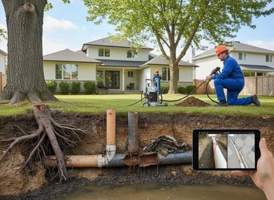 Plumbers repairing underground pipes damaged by tree roots with camera inspection