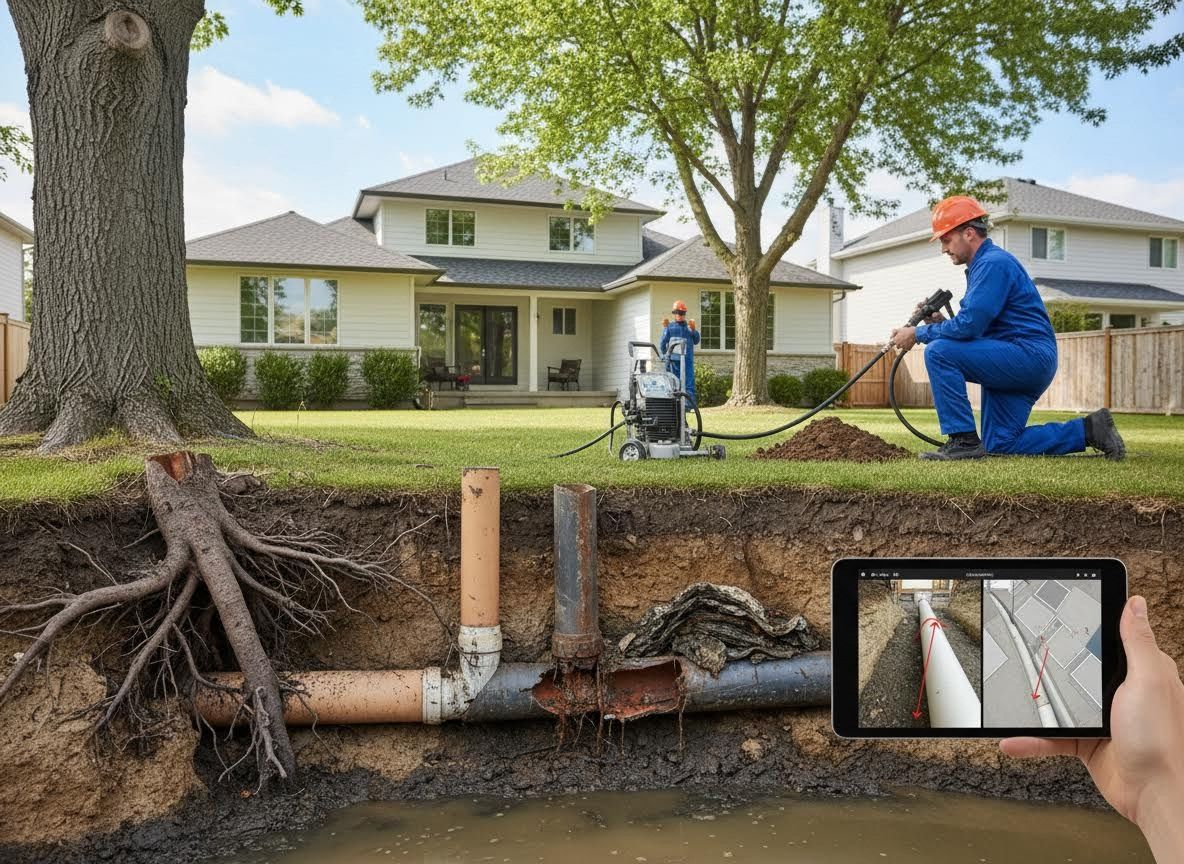 Plumbers repairing underground pipes damaged by tree roots with camera inspection