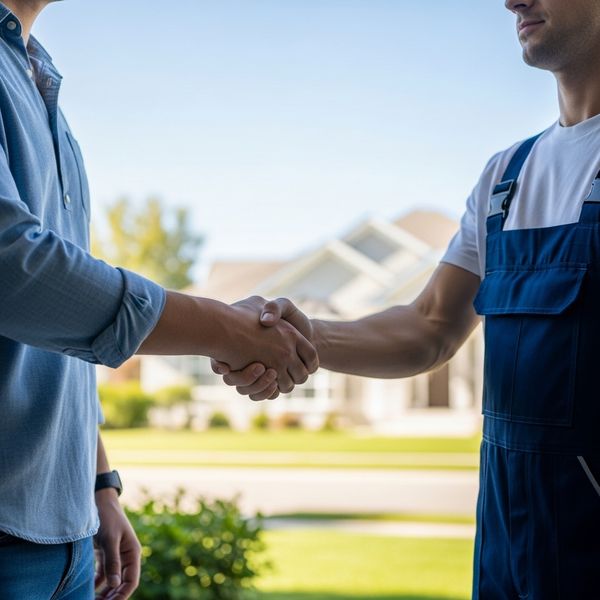 customer shaking hands with plumber at front door of house