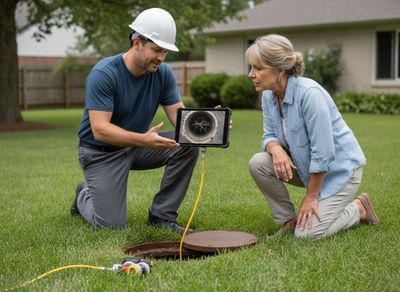 Pipe inspection professional showing tree roots in a sewer line to a homeowner