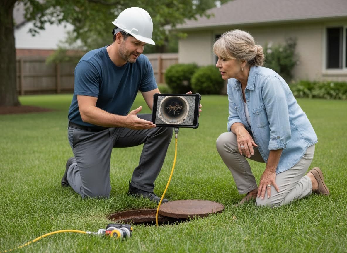 Pipe inspection professional showing tree roots in a sewer line to a homeowner