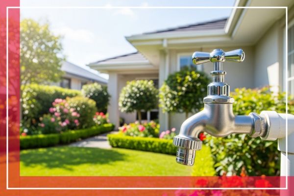 Close up of a water faucet in a front lawn