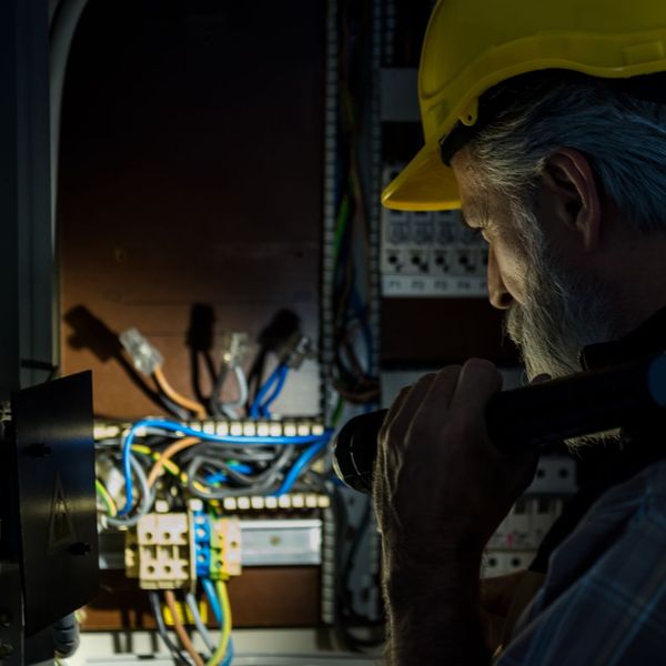 image of electrician working in the dark with a flashlight