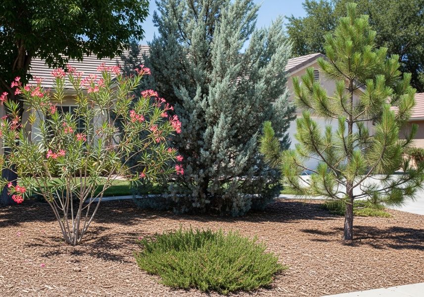 A well-maintained front yard featuring a variety of plants, including a flowering shrub with pink blooms, a blue conifer tree, and a young pine tree, set against a backdrop of a suburban home. The ground is covered with mulch, adding a neat and tidy appearance to the landscape design. Landscaping with variety of plants