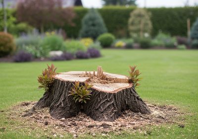 A tree stump in a lawn, showing signs of regrowth with small shoots sprouting from its sides. The surrounding lawn is neatly kept with flowerbeds and hedges visible in the background, creating a peaceful garden scene. Tree Stump with New Growth