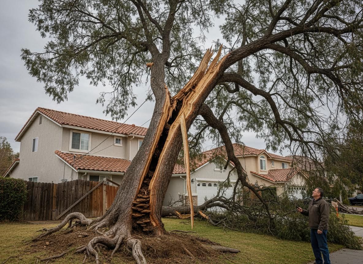Large Tree Split by Storm in Residential Area