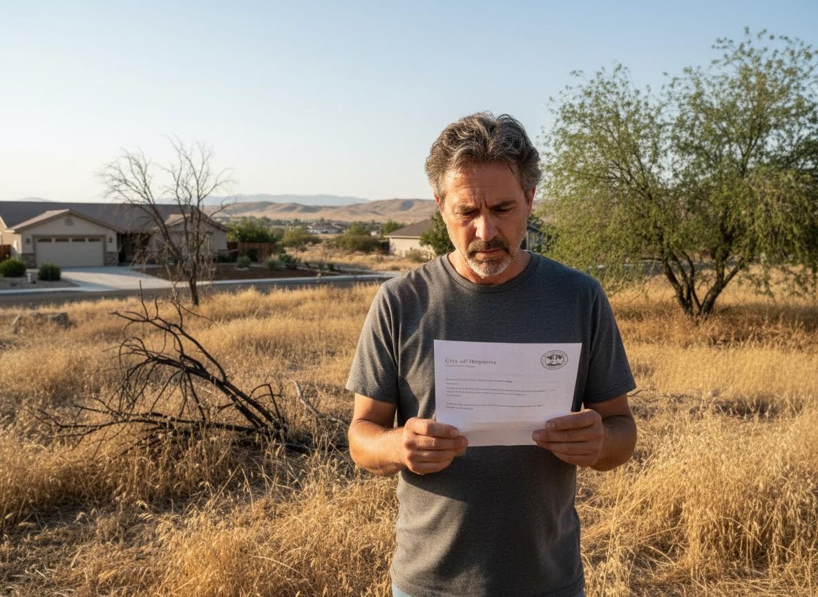 Man reading a document from City of Hesperia in a dry, grassy field