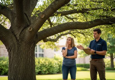 A certified arborist consults with a female homeowner about the health and care of a large, mature tree in her yard, holding a clipboard and pen to document observations. Arborist Inspecting Tree Health with Homeowner
