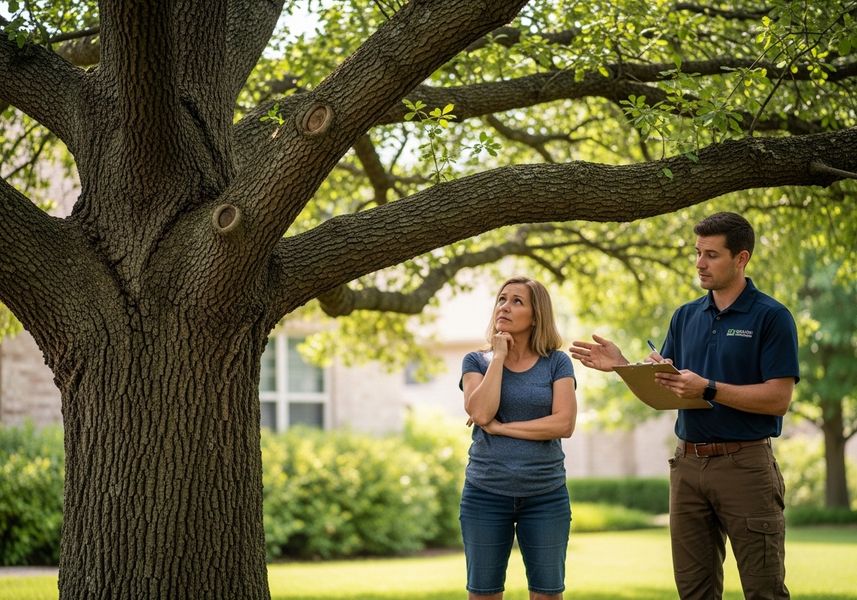 A certified arborist consults with a female homeowner about the health and care of a large, mature tree in her yard, holding a clipboard and pen to document observations. Arborist Inspecting Tree Health with Homeowner