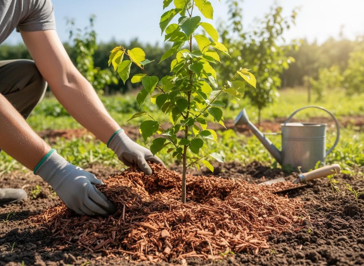 Gardener applying mulch to a young tree