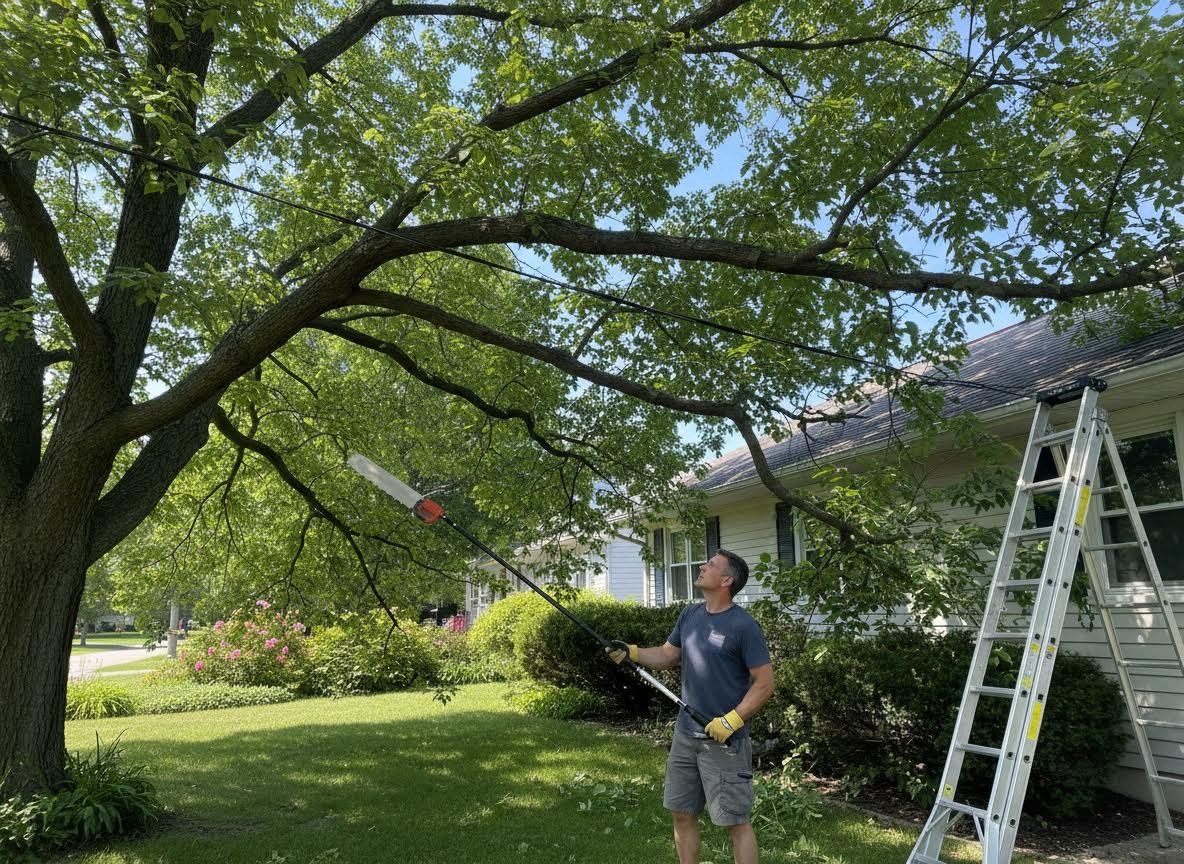 Man trimming tree branches with a pole saw