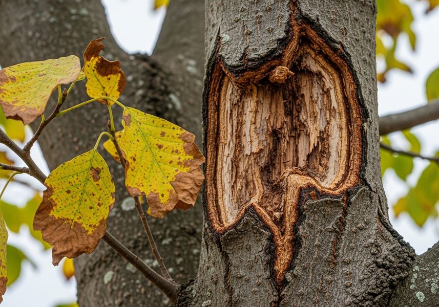 Tree Bark Damage with Autumn Leaves