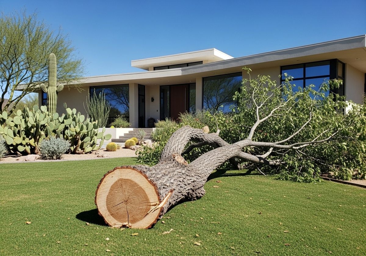 tree laying on the ground in front of nice home