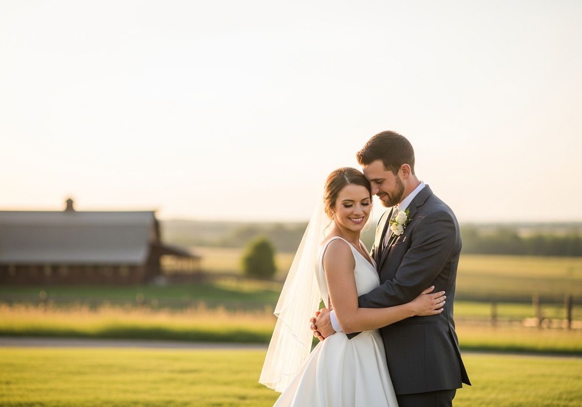 Bride and Groom Embracing in a Field at Sunset