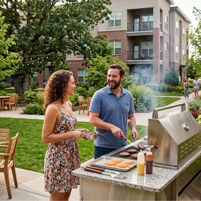 A group of neighbors gathered around a grilling and picnic area at White Oak Grove Apartments.