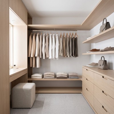 clean wooden shelf in a bright, organized minimalist closet.