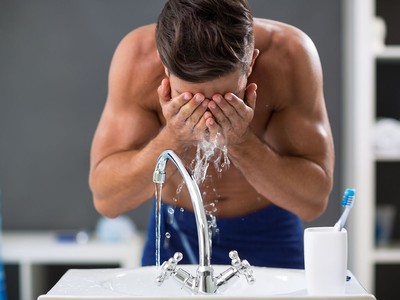 man washing his face