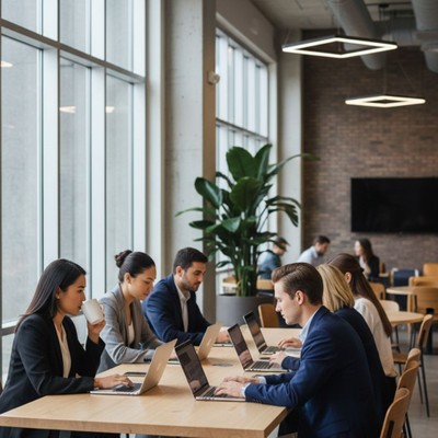 Young professionals working on laptops in a modern and inviting co-working space.
