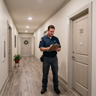 A friendly maintenance technician arriving with a toolbox at a resident's door at night.
