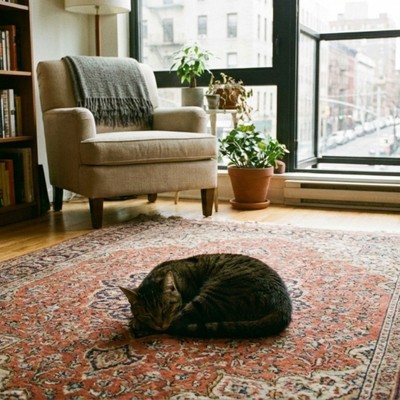 Cat curled up on an apartment floor