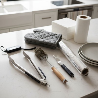 A variety of grilling tools neatly laid out A variety of grilling tools neatly laid out