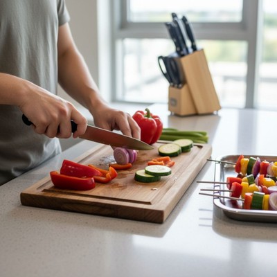 Someone chopping colorful vegetables for a grill Someone chopping colorful vegetables for a grill