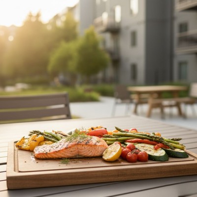 Gourmet grilled salmon and vegetables on a platter Gourmet grilled salmon and vegetables on a platter