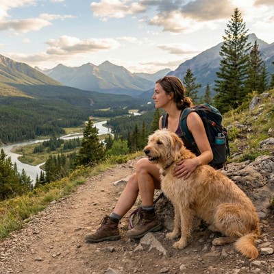 Woman sitting with her dog during a hike