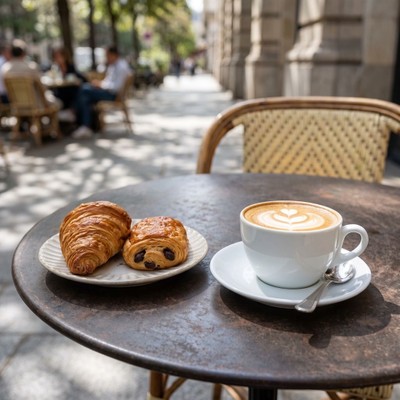 A close-up view of a cappuccino with latte art and a croissant on a wooden table at an outdoor café patio.