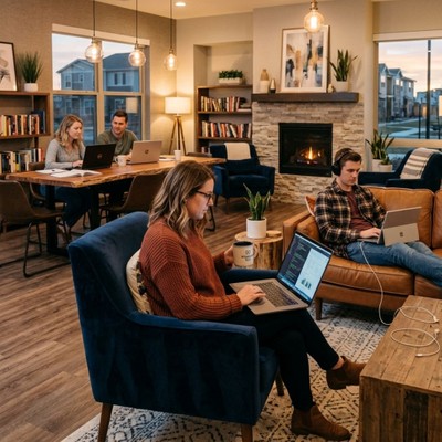 Residents relaxing and socializing in the comfortable indoor clubhouse area.