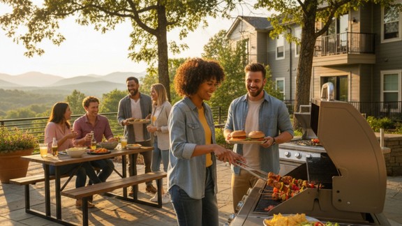 An inviting outdoor grilling station at an apartment complex An inviting outdoor grilling station at an apartment complex