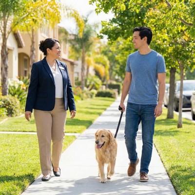 property manager greeting a resident walking their dog on a sunny sidewalk