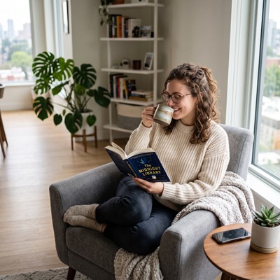  A resident happily sipping coffee while reading a book in a modern apartment.