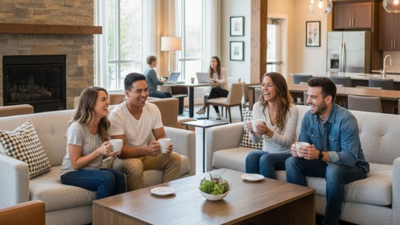 Young adults laughing and enjoying beverages in a stylish apartment clubhouse lounge. Young adults laughing and enjoying beverages in a stylish apartment clubhouse lounge.
