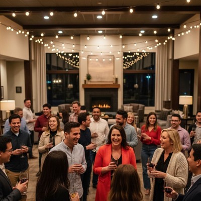 Diverse group of residents socializing at a community event in a vibrant clubhouse setting.