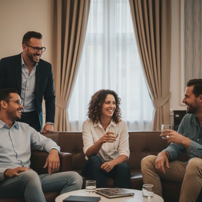 Friends laughing and socializing in a stylish apartment lounge area