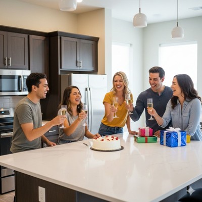 Friends celebrating with cake in a modern, open-plan clubhouse kitchen area.