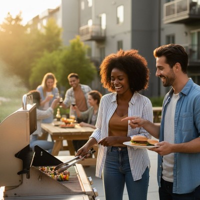 Friends laughing while grilling at sunset Friends laughing while grilling at sunset