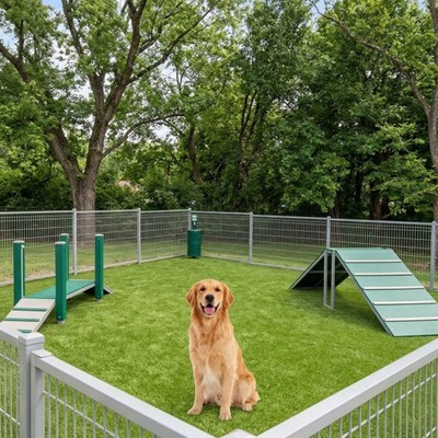 A happy dog sits in a clean, fenced dog park.