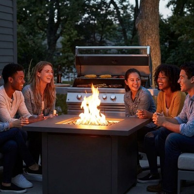 A diverse group gathers happily around an outdoor fire pit.