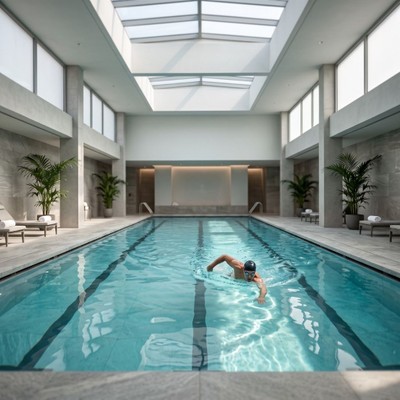A man in a blue swim cap swims laps in a bright, sunlit indoor pool with large windows.