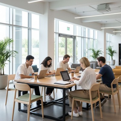 People working diligently on laptops in a bright, modern co-working space