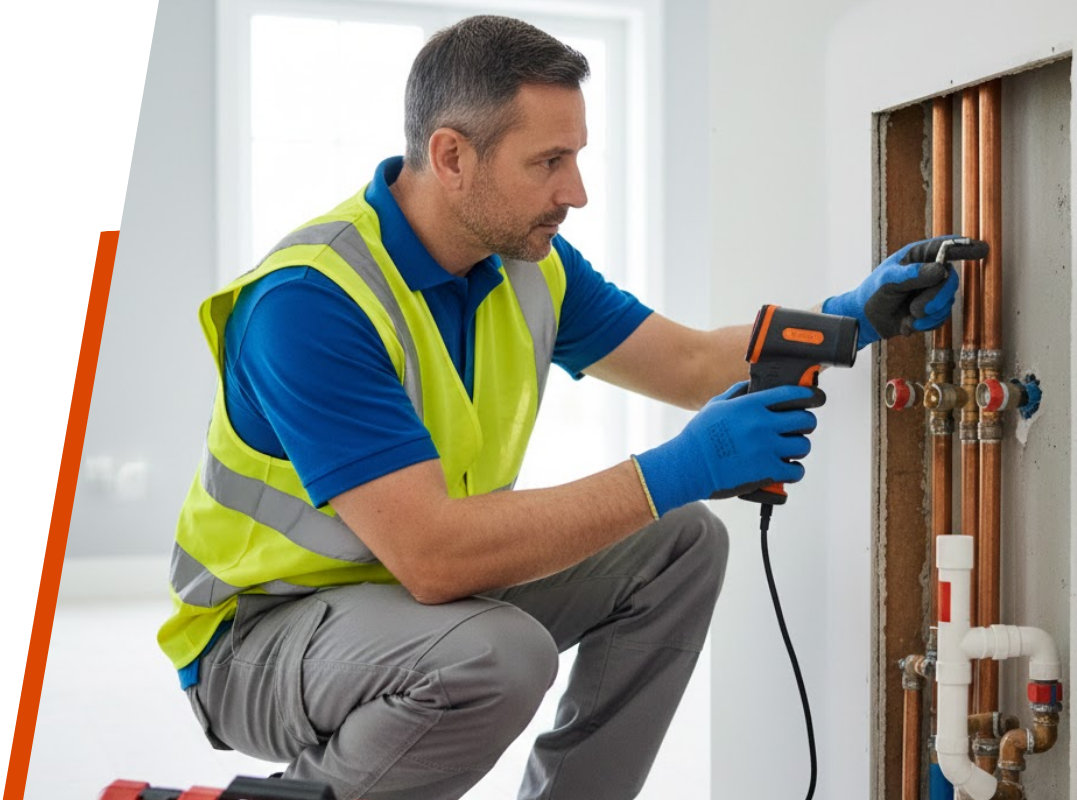 A professional plumbing inspection being performed behind a wall to identify and prevent potential water leaks