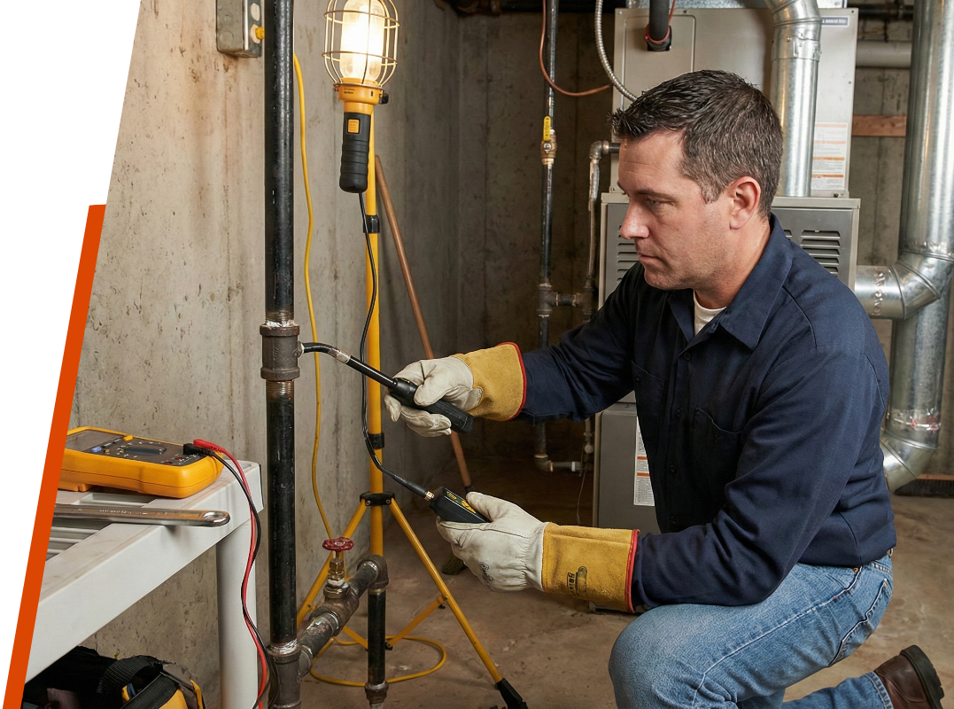 a plumber working on gas line connection with safety gloves