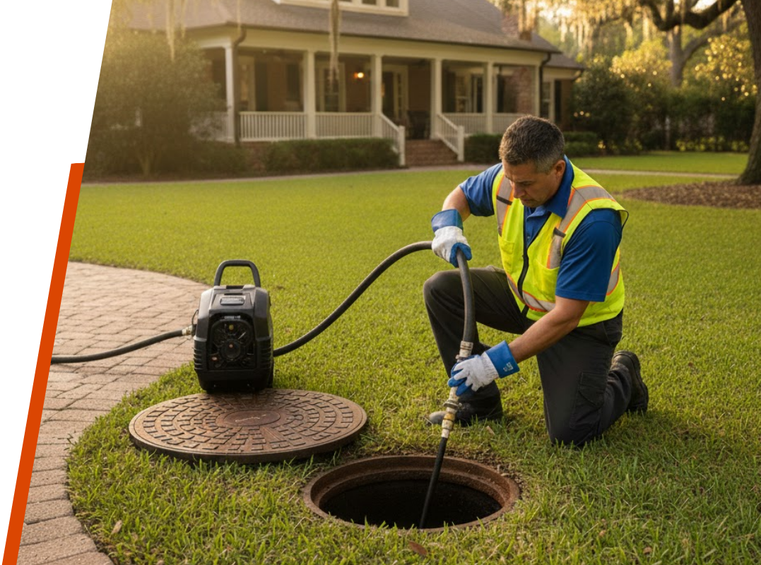 High-pressure hydro-jetting equipment being used to clear tree root obstructions from a main sewer line