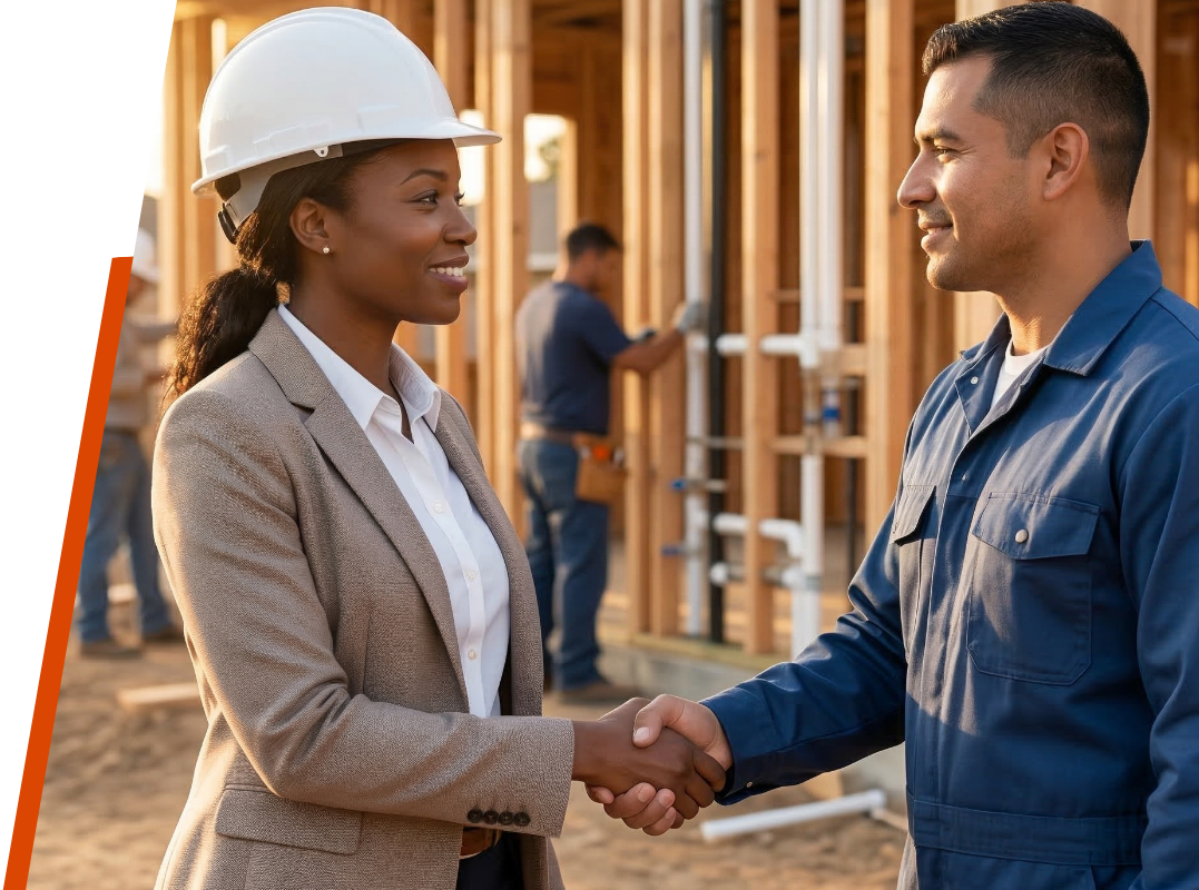 A female project manager in a white hard hat shaking hands with a professional plumber at a new home construction site with visible wood framing and plumbing pipes.